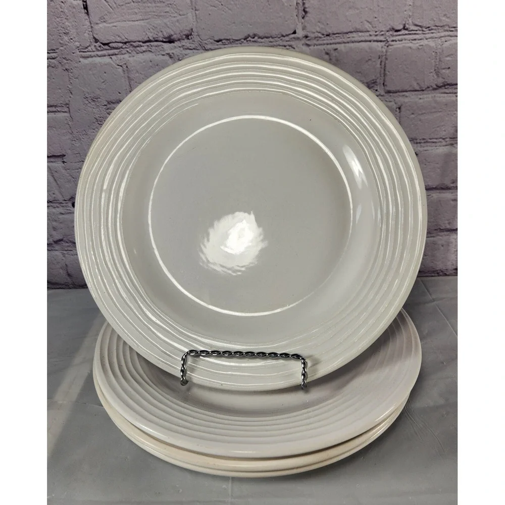 Four‎ Pier 1 Ashlee White Dinner Plates All White Embossed Rings On Rim